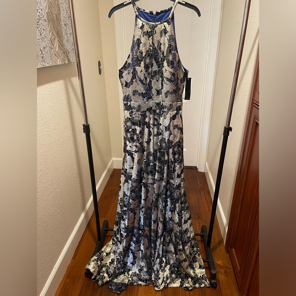 New with tags Betsy and Adam long blue and gold dress